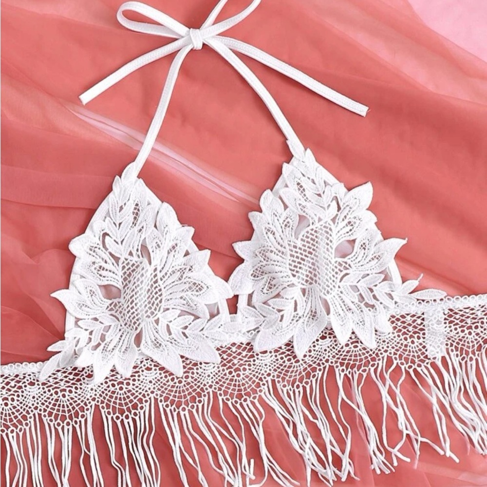 New medium white crochet tassel festival bralette top